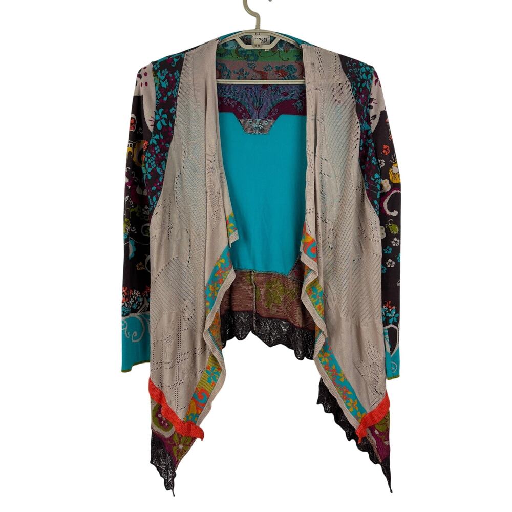 IVKO Woman Open Waterfall Cardigan Colorful Mixed Media 38 (Medium) Cotton